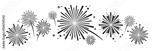 Fireworks Display Silhouette, A stunning monochromatic display of fireworks bursts across the night sky, with a dynamic arrangement of bursts, stars, and streaks, evokes a sense of celebration.