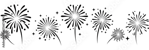 Fireworks Display Silhouette, A stunning monochromatic display of fireworks bursts across the night sky, with a dynamic arrangement of bursts, stars, and streaks, evokes a sense of celebration.