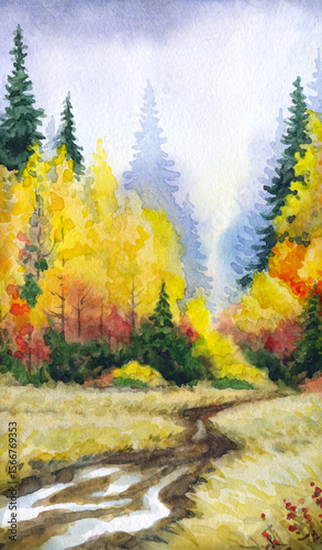 Watercolor landscape. Road to the autumn forest