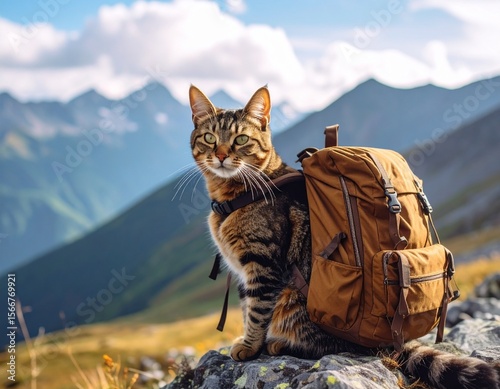 Orange tabby cat wearing green hiking backpack standing on rocky mountain summit overlooking layered mountain ranges during golden hour sunset with dramatic lighting. Ginger feline