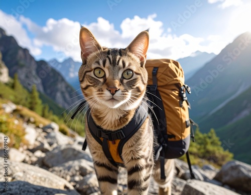 Orange tabby cat wearing green hiking backpack standing on rocky mountain summit overlooking layered mountain ranges during golden hour sunset with dramatic lighting. Ginger feline