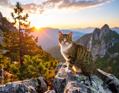 Orange tabby cat wearing green hiking backpack standing on rocky mountain summit overlooking layered mountain ranges during golden hour sunset with dramatic lighting. Ginger kitten