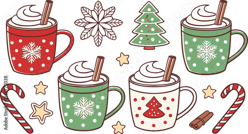 Christmas hot chocolate, cocoa mug, coffee cup, coffee, latte and tea. Beverage cozy set isolated on white background. New Year drink, winter dessert, holiday sweet menu. Cartoon festive vector File.