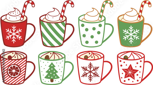 Christmas hot chocolate, cocoa mug, coffee cup, coffee, latte and tea. Beverage cozy set isolated on white background. New Year drink, winter dessert, holiday sweet menu. Cartoon festive vector File.