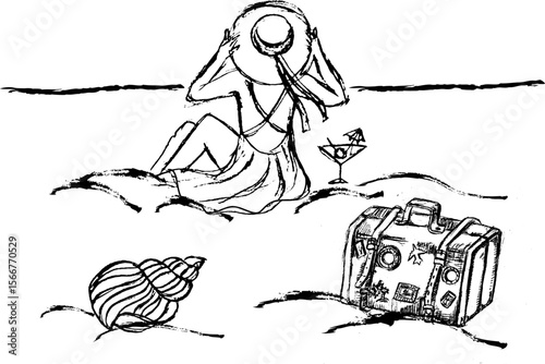 Woman relaxing on beach with suitcase and cocktail in summer  