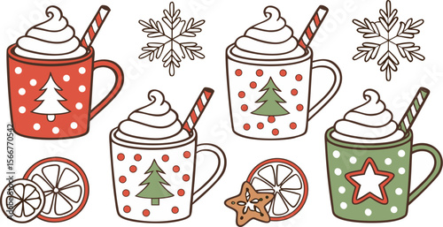 Christmas hot chocolate, cocoa mug, coffee cup, coffee, latte and tea. Beverage cozy set isolated on white background. New Year drink, winter dessert, holiday sweet menu. Cartoon festive vector File.