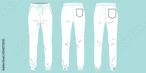  Comprehensive Flat Technical Drawing of Women's Jogger Sweatpants, Featuring Front and Back Views, Elastic Waistband with Drawstring, and Pockets, Ideal for Fashion Design and Apparel Production, Vec