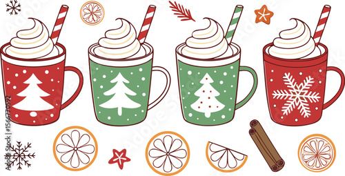 Christmas hot chocolate, cocoa mug, coffee cup, coffee, latte and tea. Beverage cozy set isolated on white background. New Year drink, winter dessert, holiday sweet menu. Cartoon festive vector File.