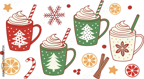 Christmas hot chocolate, cocoa mug, coffee cup, coffee, latte and tea. Beverage cozy set isolated on white background. New Year drink, winter dessert, holiday sweet menu. Cartoon festive vector File.