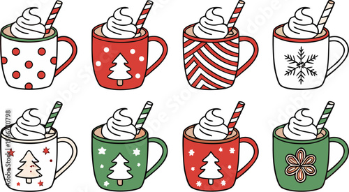 Christmas hot chocolate, cocoa mug, coffee cup, coffee, latte and tea. Beverage cozy set isolated on white background. New Year drink, winter dessert, holiday sweet menu. Cartoon festive vector File.