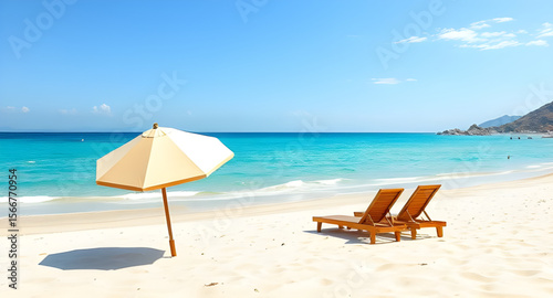 Beach chair and umbrella, Beach scene, Summer vacation, Tropical beach setup, Lounge chair on sand, Beach umbrella vector, Seaside relaxation, Coastal holiday scene, Umbrella and chair, Beach furnitur