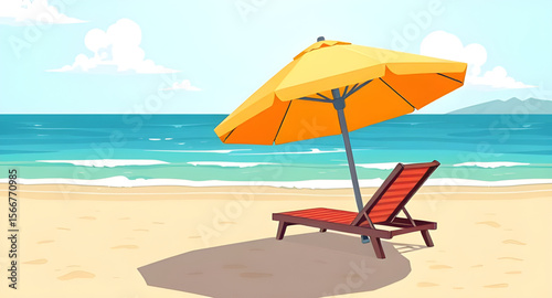 Beach chair and umbrella, Beach scene, Summer vacation, Tropical beach setup, Lounge chair on sand, Beach umbrella vector, Seaside relaxation, Coastal holiday scene, Umbrella and chair, Beach furnitur