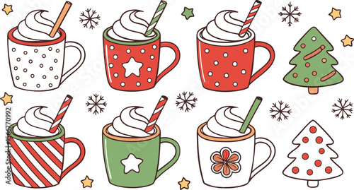 Christmas hot chocolate, cocoa mug, coffee cup, coffee, latte and tea. Beverage cozy set isolated on white background. New Year drink, winter dessert, holiday sweet menu. Cartoon festive vector File.
