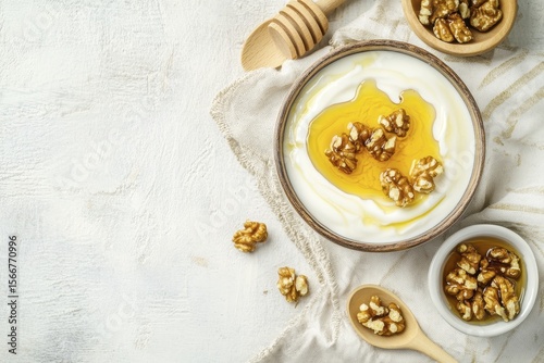 Delicious bowl of greek yogurt with honey and walnuts on a rustic table