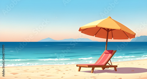 Beach chair and umbrella, Beach scene, Summer vacation, Tropical beach setup, Lounge chair on sand, Beach umbrella vector, Seaside relaxation, Coastal holiday scene, Umbrella and chair, Beach furnitur