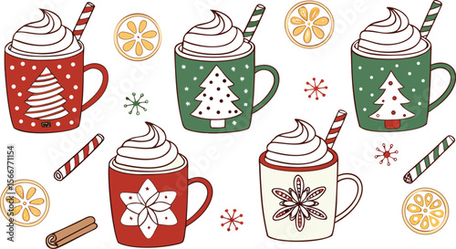 Christmas hot chocolate, cocoa mug, coffee cup, coffee, latte and tea. Beverage cozy set isolated on white background. New Year drink, winter dessert, holiday sweet menu. Cartoon festive vector File.