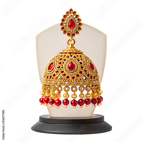 Ornate gold jhumka earring with red gemstones isolated on a transparent background traditional indian