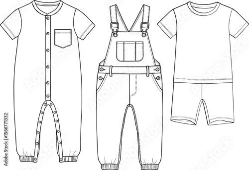 Set of Baby and Toddler Apparel Flat Sketches, Including Rompers, Overalls, and T-shirts, Ideal for Fashion Designers, Product Development, and Technical Garment Illustrations, Vector Templates.