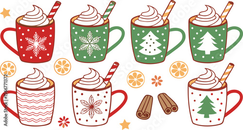 Christmas hot chocolate, cocoa mug, coffee cup, coffee, latte and tea. Beverage cozy set isolated on white background. New Year drink, winter dessert, holiday sweet menu. Cartoon festive vector File.