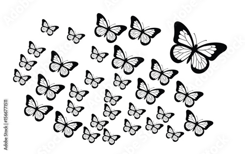 black and white butterfly swarm illustration with detailed symmetrical patterns, ideal for textile, wallpaper, and decorative design