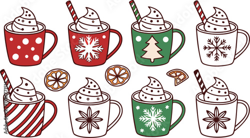 Christmas hot chocolate, cocoa mug, coffee cup, coffee, latte and tea. Beverage cozy set isolated on white background. New Year drink, winter dessert, holiday sweet menu. Cartoon festive vector File.