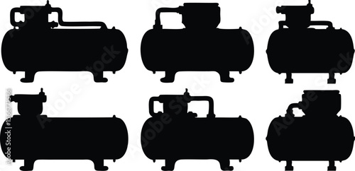 Set of air compressor icons in silhouette style for machinery and industry