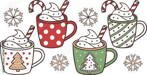 Christmas hot chocolate, cocoa mug, coffee cup, coffee, latte and tea. Beverage cozy set isolated on white background. New Year drink, winter dessert, holiday sweet menu. Cartoon festive vector File.
