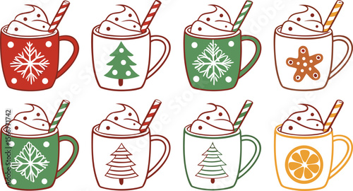 Christmas hot chocolate, cocoa mug, coffee cup, coffee, latte and tea. Beverage cozy set isolated on white background. New Year drink, winter dessert, holiday sweet menu. Cartoon festive vector File.
