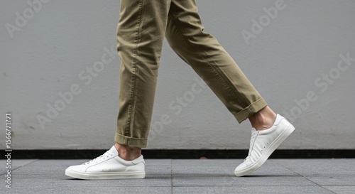 Person walking in khaki pants and white sneakers