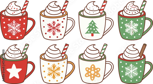 Christmas hot chocolate, cocoa mug, coffee cup, coffee, latte and tea. Beverage cozy set isolated on white background. New Year drink, winter dessert, holiday sweet menu. Cartoon festive vector File.