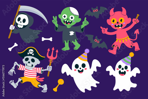 Scary clown vector with cute Halloween characters like ghosts, zombies, and a grim reaper for comical contrast. Perfect for Halloween designs.