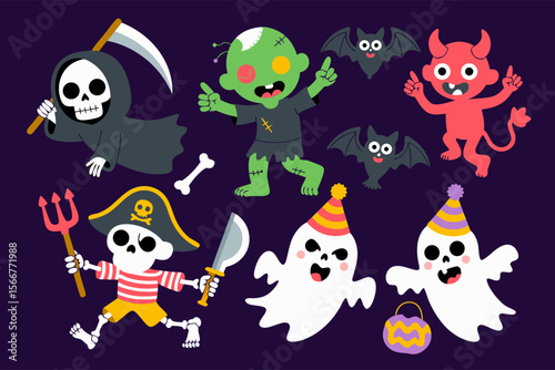 Scary clown vector with cute Halloween characters like ghosts, zombies, and a grim reaper for comical contrast. Perfect for Halloween designs.
