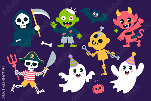 Scary clown vector with cute Halloween characters like ghosts, zombies, and a grim reaper for comical contrast. Perfect for Halloween designs.