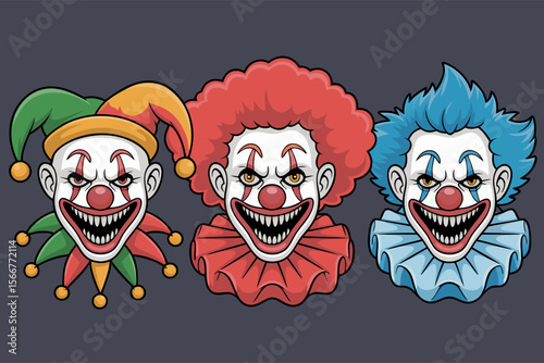 Scary clown vector featuring three menacing clown faces in different hair and costumes. Perfect for Halloween designs or circusthemed projects.
