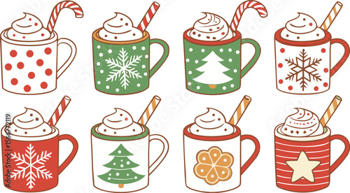 Christmas hot chocolate, cocoa mug, coffee cup, coffee, latte and tea. Beverage cozy set isolated on white background. New Year drink, winter dessert, holiday sweet menu. Cartoon festive vector File.