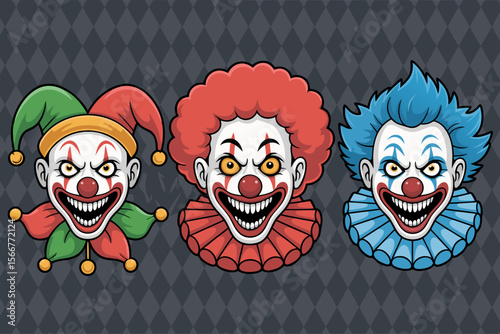 Scary clown vector featuring three menacing clown faces in different hair and costumes. Perfect for Halloween designs or circusthemed projects.