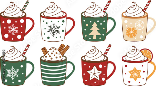 Christmas hot chocolate, cocoa mug, coffee cup, coffee, latte and tea. Beverage cozy set isolated on white background. New Year drink, winter dessert, holiday sweet menu. Cartoon festive vector File.