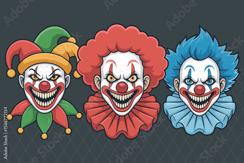 Scary clown vector featuring three menacing clown faces in different hair and costumes. Perfect for Halloween designs or circusthemed projects.