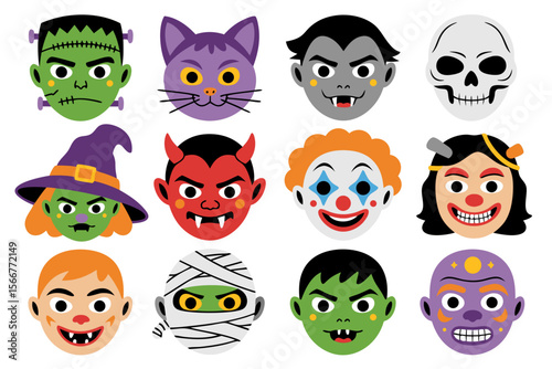 Scary clown vector with twelve colorful Halloween mask designs, including a creepy joker. Ideal for spooky party invitations and decorations.