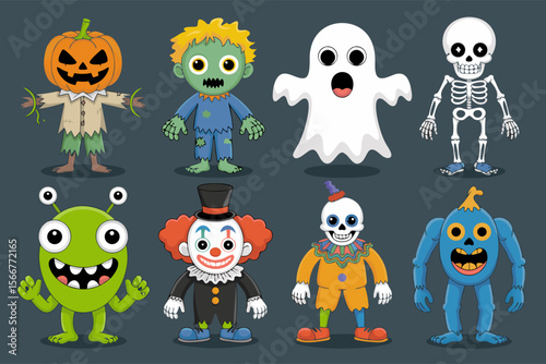 Scary clown vector featuring characters like pumpkin, zombie, ghost, and clowns. Perfect for Halloween illustrations, designs, decorations, and prints.