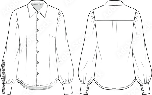 Front and Back View Flat Technical Drawing of a Women's Fashion Blouse, Featuring Long Puffed Sleeves and Button Details, Ideal for Apparel Design and Production, Vector Template.