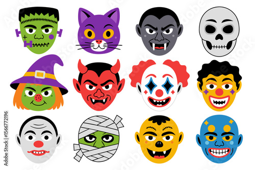 Scary clown vector with twelve colorful Halloween mask designs, including a creepy joker. Ideal for spooky party invitations and decorations.