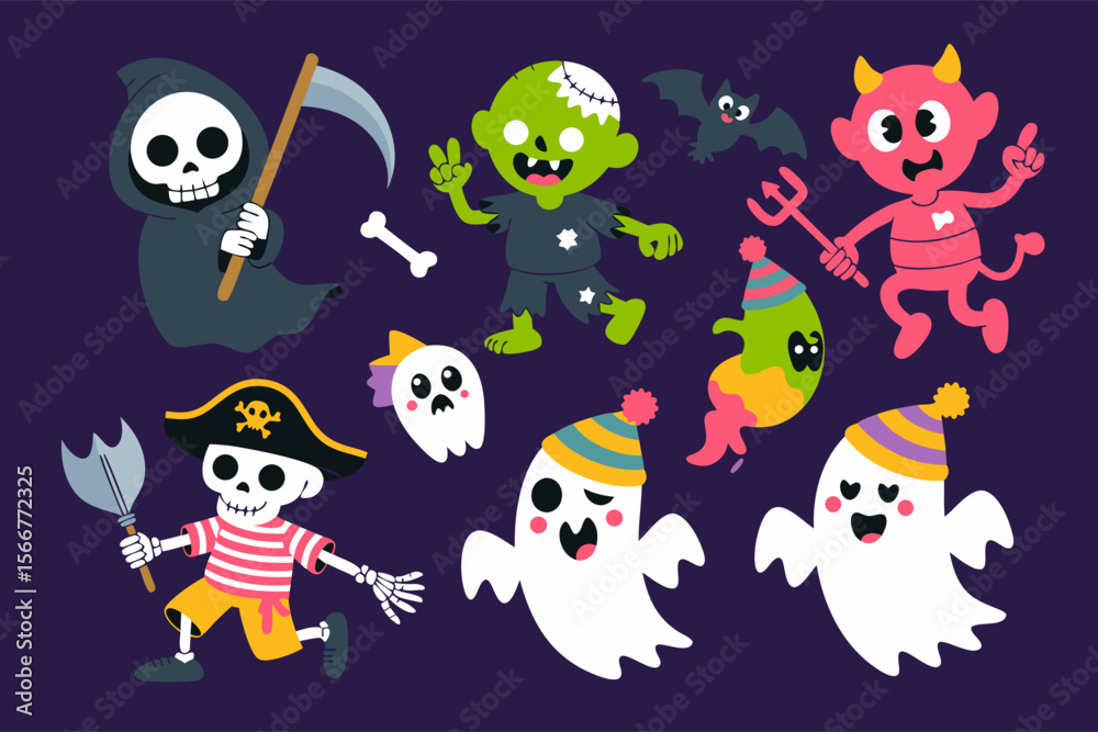 Obraz premium Scary clown vector with cute Halloween characters like ghosts, zombies, and a grim reaper for comical contrast. Perfect for Halloween designs.