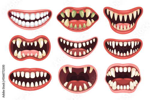 Scary clown vector with twelve cartoon monster mouths, suitable for Halloween designs, greeting cards, kids party decorations, and horror themes.