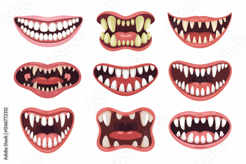 Scary clown vector with twelve cartoon monster mouths, suitable for Halloween designs, greeting cards, kids party decorations, and horror themes.