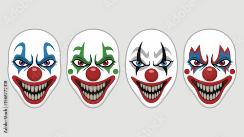 Scary clown vector with three menacing clown faces suitable for Halloween designs or horrorthemed projects for a creepy touch.