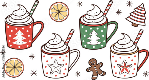 Christmas hot chocolate, cocoa mug, coffee cup, coffee, latte and tea. Beverage cozy set isolated on white background. New Year drink, winter dessert, holiday sweet menu. Cartoon festive vector File.