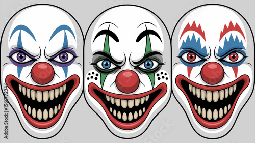 Scary clown vector with three menacing clown faces suitable for Halloween designs or horrorthemed projects for a creepy touch.