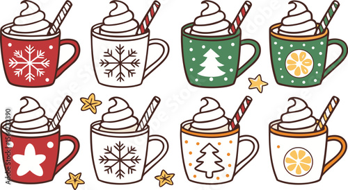 Christmas hot chocolate, cocoa mug, coffee cup, coffee, latte and tea. Beverage cozy set isolated on white background. New Year drink, winter dessert, holiday sweet menu. Cartoon festive vector File.