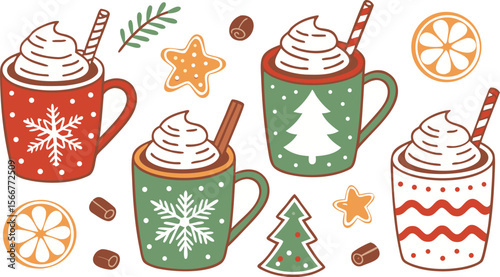 Christmas hot chocolate, cocoa mug, coffee cup, coffee, latte and tea. Beverage cozy set isolated on white background. New Year drink, winter dessert, holiday sweet menu. Cartoon festive vector File.